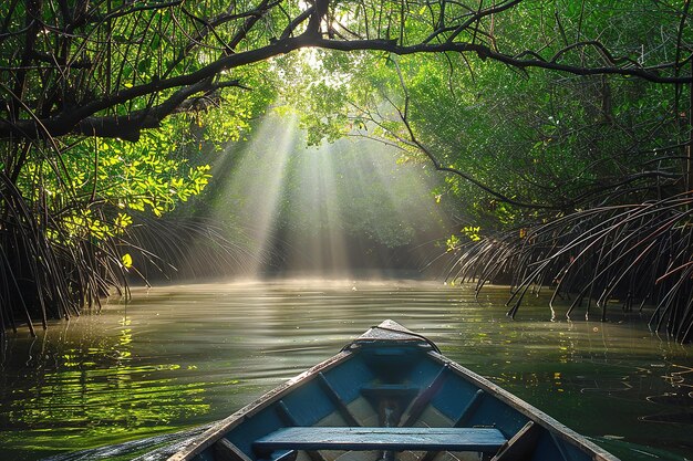 Barco en un río tranquilo en un bosque de manglares