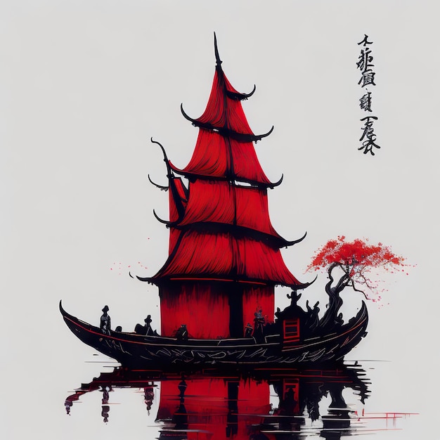 Un barco rojo con un árbol en el fondo y las palabras "chino" en el fondo.