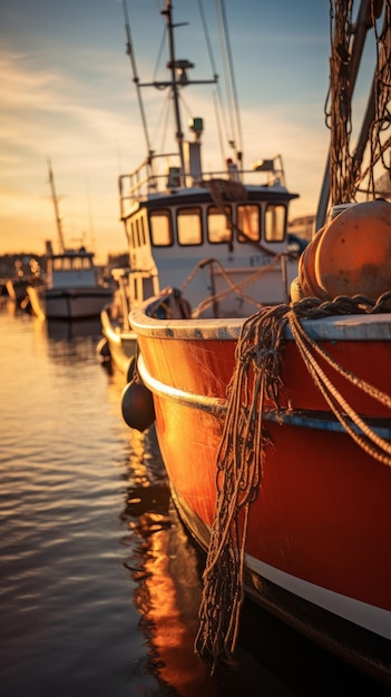 Barco rojo atracado en el agua al atardecer