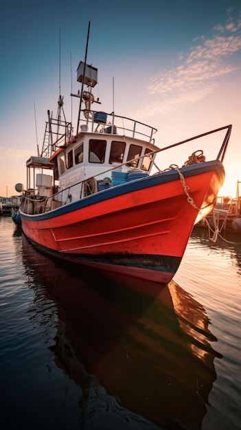 Barco rojo y azul en el agua al atardecer