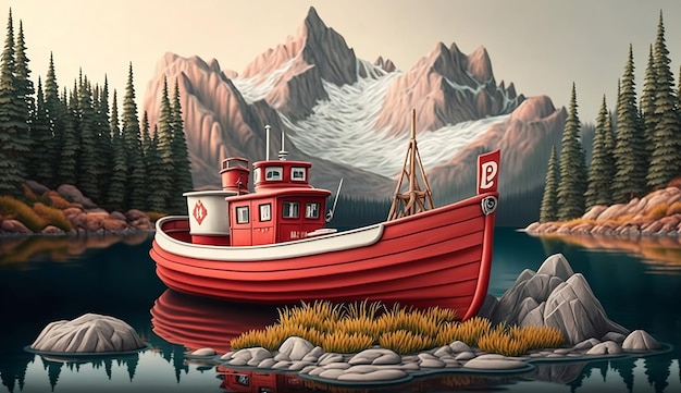 Un barco rojo está en el agua y una montaña está en el fondo.
