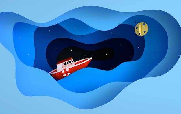 Barco rojo de papel navegando en el océano o estrellas de mar luna render