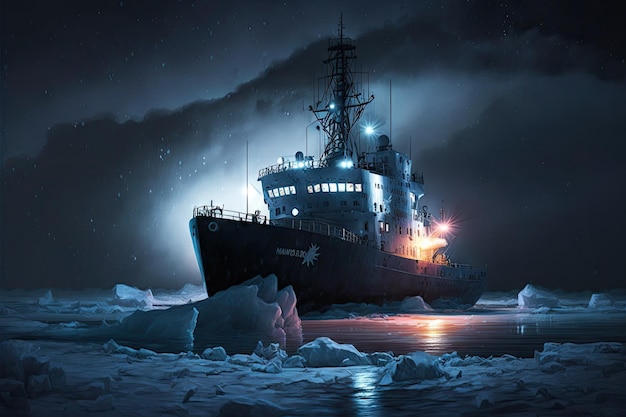 El barco rompehielos de la noche oscura flota en el agua y se ilumina con focos