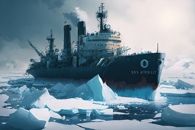 Barco rompehielos rompiendo témpanos de hielo en el mar ártico helado