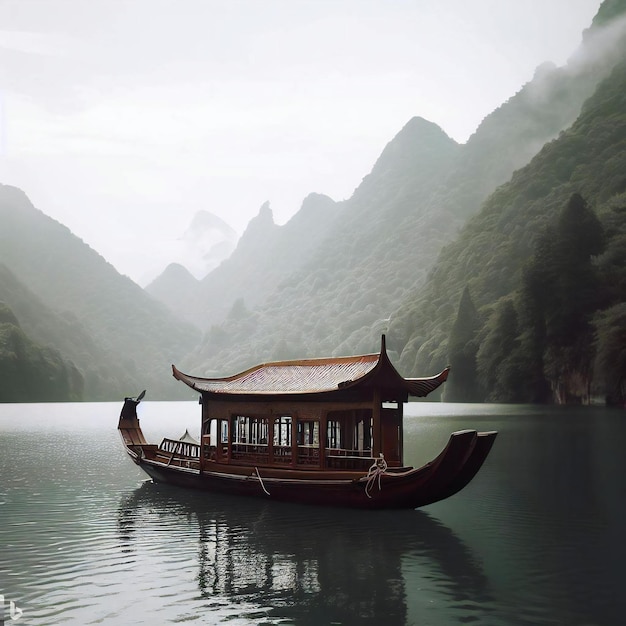 Foto un barco sampán en el lago de montaña chino con cerezos en flor