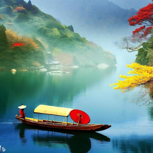 Foto un barco sampán en el lago de montaña chino con cerezos en flor