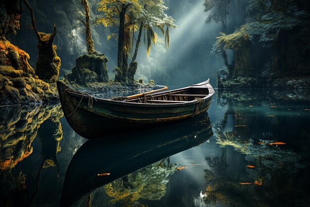 Foto un barco sentado en el agua en el bosque