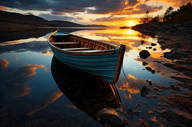 Foto un barco se sienta en un lago al sol al salir el sol. el amanecer parece nublado y granulado cerca de jubakar kelantan, malasia.