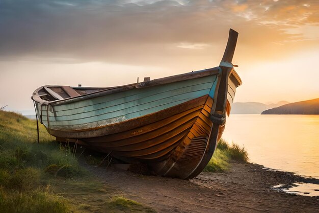 Un barco se sienta en la orilla de un lago al atardecer.