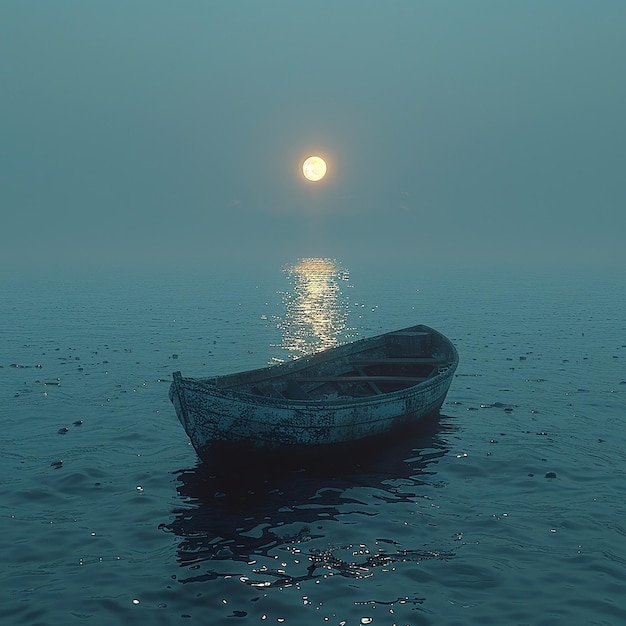 Foto un barco silencioso de luz de la luna en la noche en el canal azul