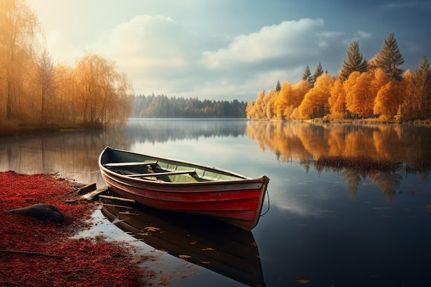 Un barco solitario en un tranquilo estanque de otoño