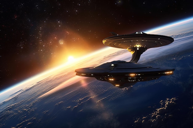 Un barco de Star Trek volando sobre la tierra.