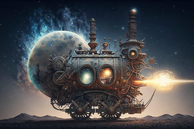 Un barco steampunk steampunk con una luna en el fondo.