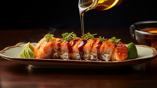 Foto un barco de sushi un banquete para los ojos con una variedad de nigiri sashimi y rollos maki