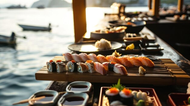 Barco de sushi contra una terraza frente al mar