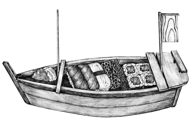 Barco de sushi png en color blanco y negro