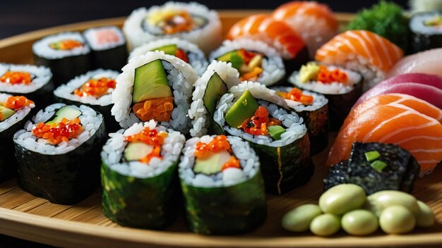 Foto un barco de sushi con una variedad de piezas de sushi para