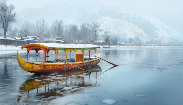 Foto un barco con un techo amarillo se sienta en el agua