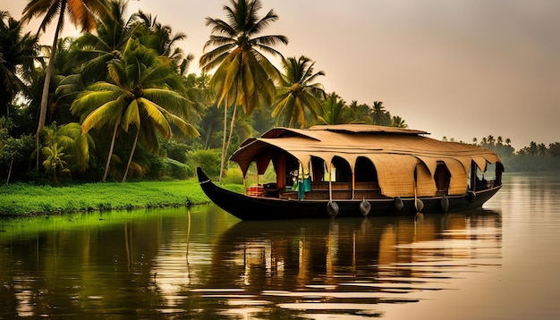 Foto un barco con un techo marrón está en el agua