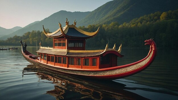 Foto un barco con un techo rojo y dorado está en un lago