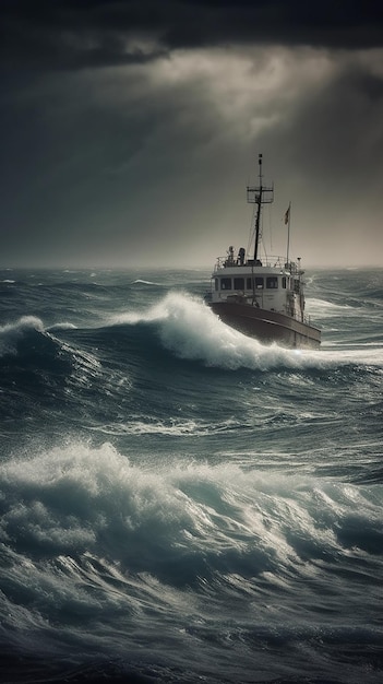 Barco en la tormenta en el mar