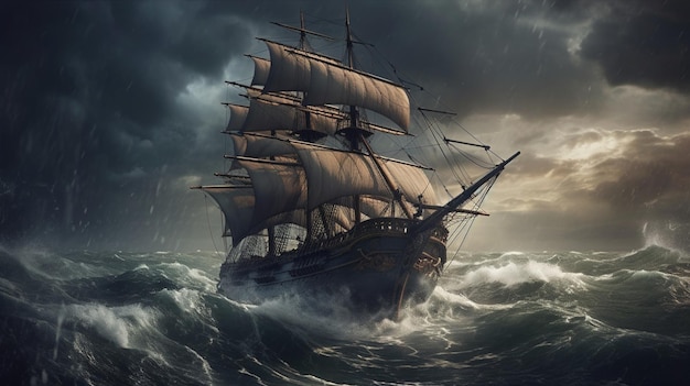 Un barco en una tormenta con una tormenta de fondo