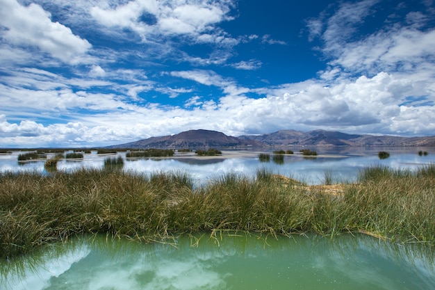 Barco totora no lago titicaca perto de puno, peru