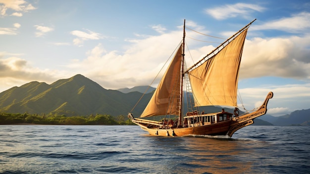 Barco tradicional de madera phinisi navegando