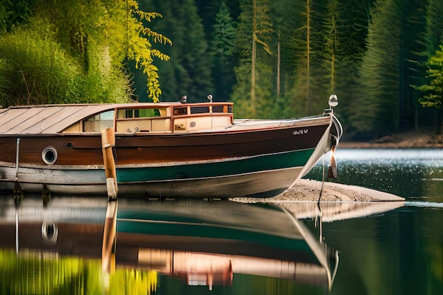 un barco con un tronco a un lado está atracado en un lago.