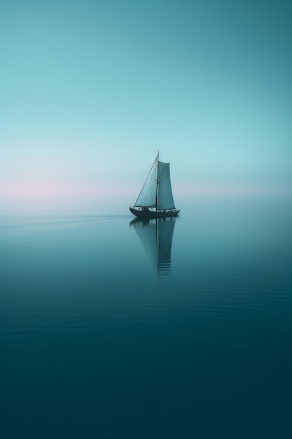 Un barco con vela en el agua y el cielo es azul.