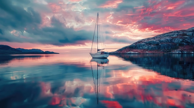 Foto barco a vela a la deriva sobre el agua al atardecer con el cielo en llamas en el resplandor posterior