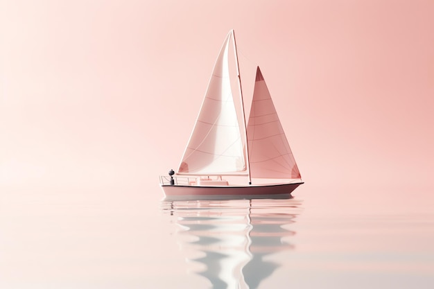 Un barco con una vela está sobre un fondo rosa.