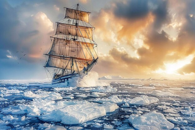 El barco de vela en el hielo flotante al atardecer