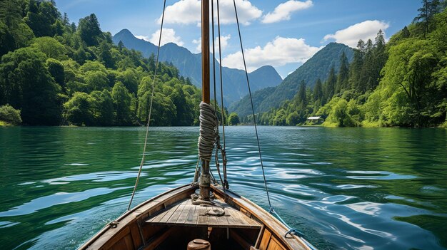 Barco de vela en un lago con montañas y un frondoso bosque de fondo