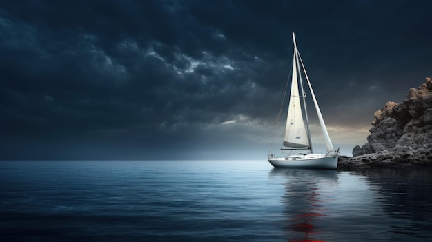 Barco de vela en el mar por la noche