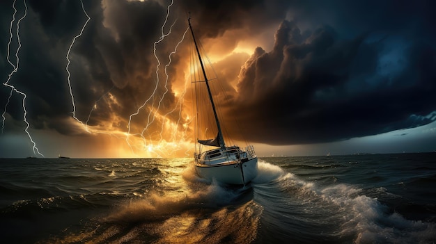 Foto barco de vela en el mar tempestuoso