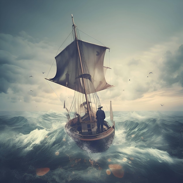 Un barco a vela en un mar tormentoso Ilustración de renderizado en 3D