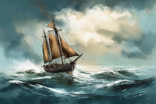 Un barco de vela solitario en olas enormes, un paisaje marino pintado con acuarelas en papel texturizado.
