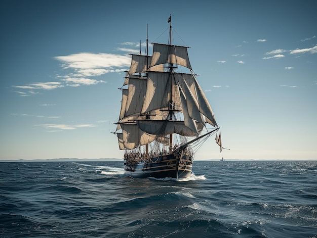 Un barco con velas en el océano con las velas bajas.