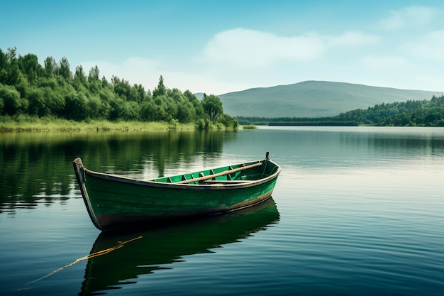 Barco verde en el lago hermoso paisaje del lago AI generado