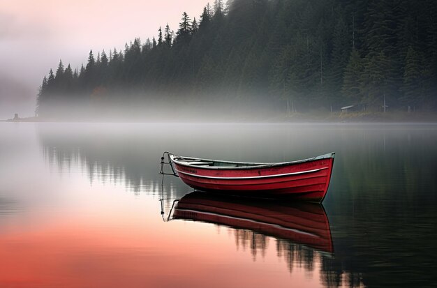 Barco vermelho navegando no lago nebuloso