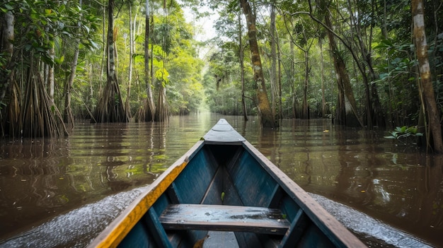 Foto el barco de viaje inundado del amazonas flota en medio de la exuberante vegetación que ofrecen los troncos de los árboles sumergidos