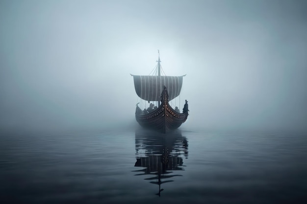 Barco vikingo en una generación de IA de niebla