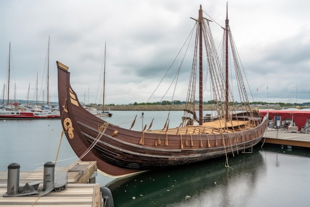 Barco vikingo a gran escala atracado en el puerto con velas enrolladas y remos en su lugar