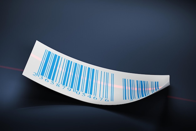 Barcode-Aufkleber und Laserstrahl auf dunkelblauem Hintergrund