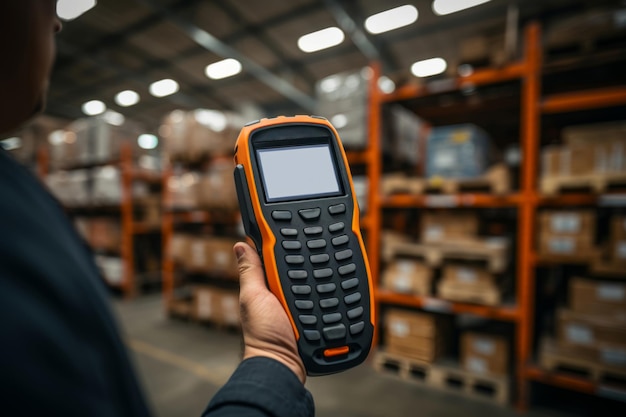 Barcode-Scanner in der Hand auf Lager-Hintergrund-Lieferung Versandkonzept