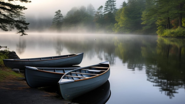 Barcos a remo revelados pela serenidade despertam em um lago místico