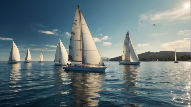 Barcos a vela correndo num lago sereno