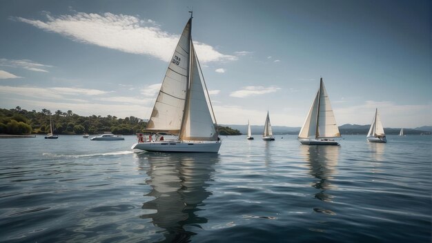 Foto barcos a vela correndo num lago sereno