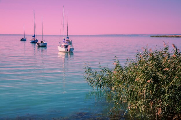 Foto barcos a vela no lago durante o pôr-do-sol lago balaton hungria europa